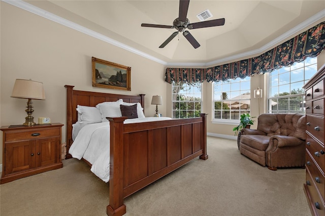 bedroom featuring light colored carpet, a raised ceiling, multiple windows, and ceiling fan