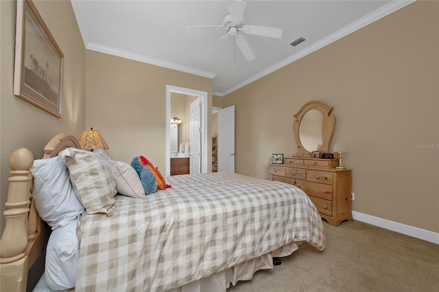 bedroom with ornamental molding, carpet flooring, ensuite bath, and ceiling fan