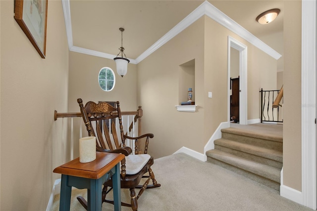 sitting room with crown molding and carpet