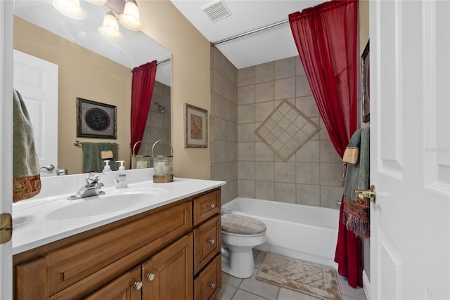 full bath featuring shower / bath combo, visible vents, toilet, tile patterned flooring, and vanity