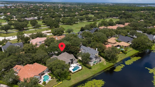 birds eye view of property featuring a water view