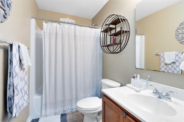 full bath with toilet, shower / bathtub combination with curtain, a textured ceiling, and vanity