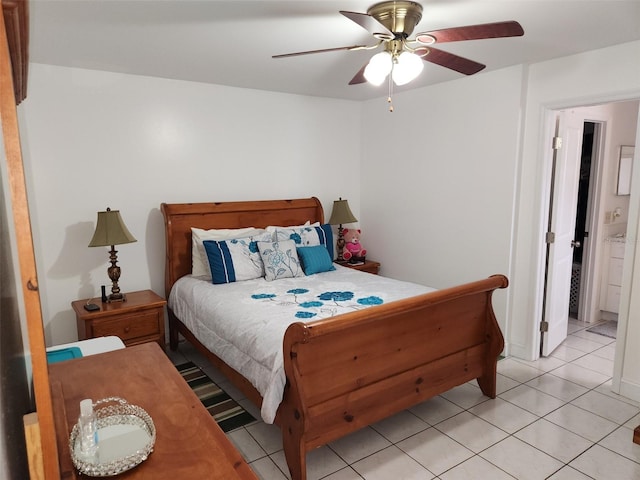 tiled bedroom with ceiling fan