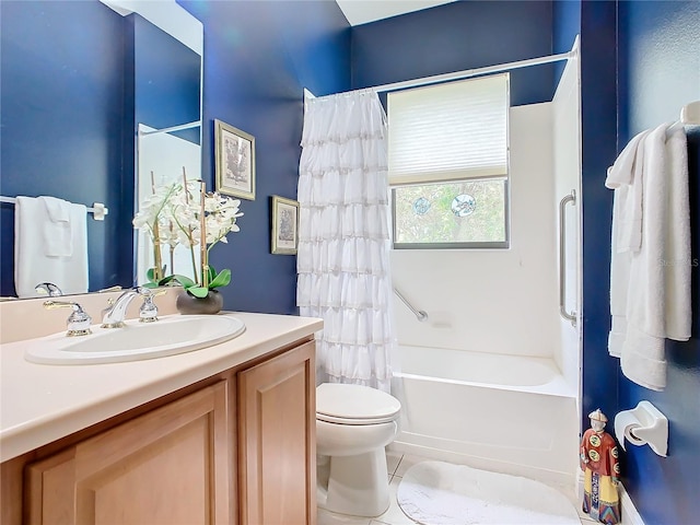 full bathroom with tile patterned floors, vanity, shower / bathtub combination with curtain, and toilet