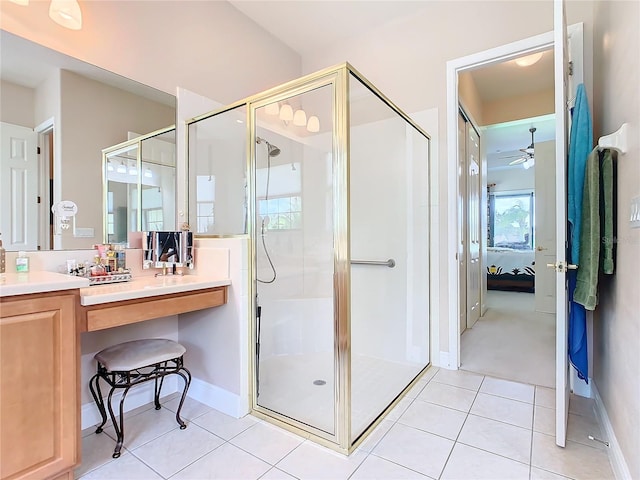 bathroom with ceiling fan, walk in shower, tile patterned flooring, and a healthy amount of sunlight