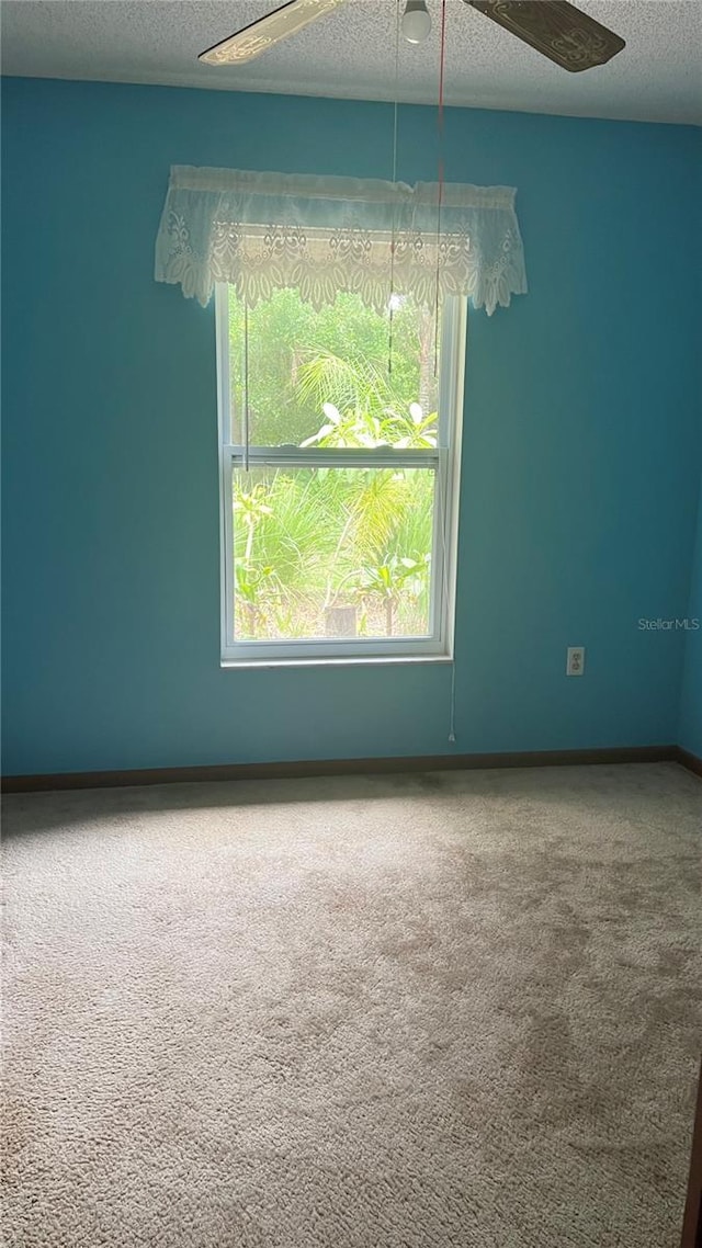 unfurnished room featuring ceiling fan, a textured ceiling, and carpet