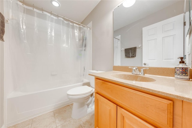 full bathroom featuring tile patterned flooring, shower / bathtub combination with curtain, toilet, and vanity