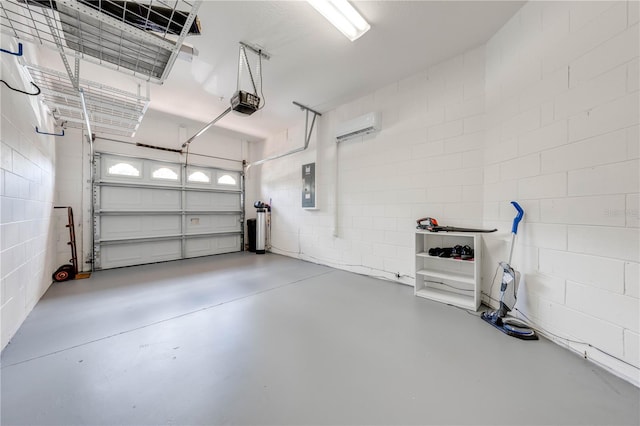 garage with an AC wall unit, electric panel, and a garage door opener