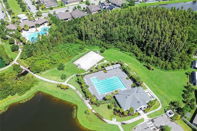 aerial view featuring a water view