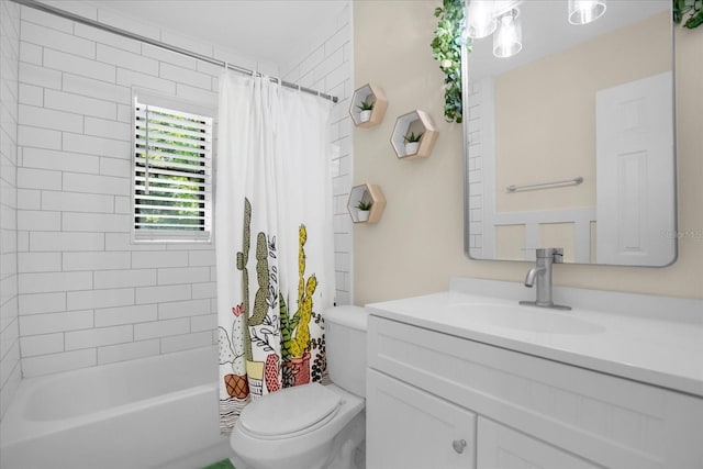 full bathroom with vanity, shower / bathtub combination with curtain, and toilet