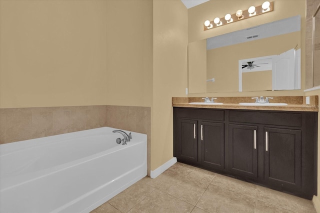 bathroom featuring ceiling fan, tile patterned flooring, a tub, and vanity