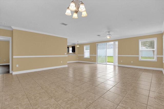 tiled empty room featuring crown molding and ceiling fan with notable chandelier