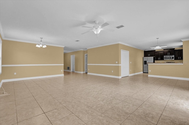 unfurnished living room with crown molding, ceiling fan with notable chandelier, and light tile patterned floors