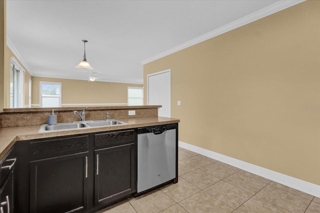 kitchen featuring hanging light fixtures, light tile patterned floors, ornamental molding, sink, and stainless steel dishwasher