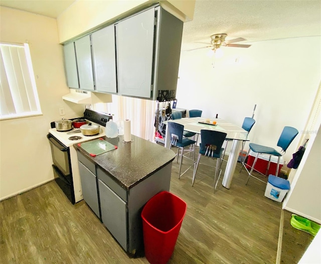 kitchen with white range with electric cooktop, ceiling fan, and hardwood / wood-style flooring