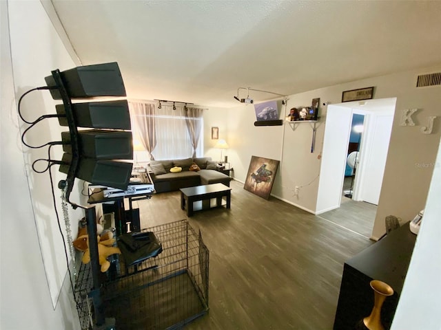 living room featuring wood-type flooring and rail lighting