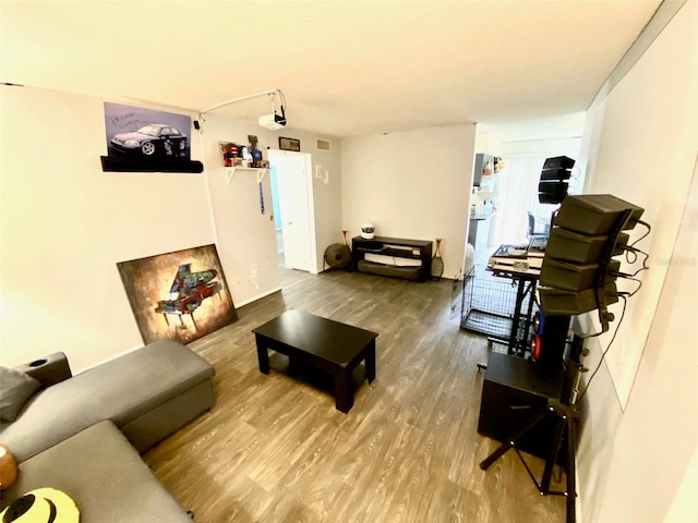 living room with track lighting and hardwood / wood-style floors