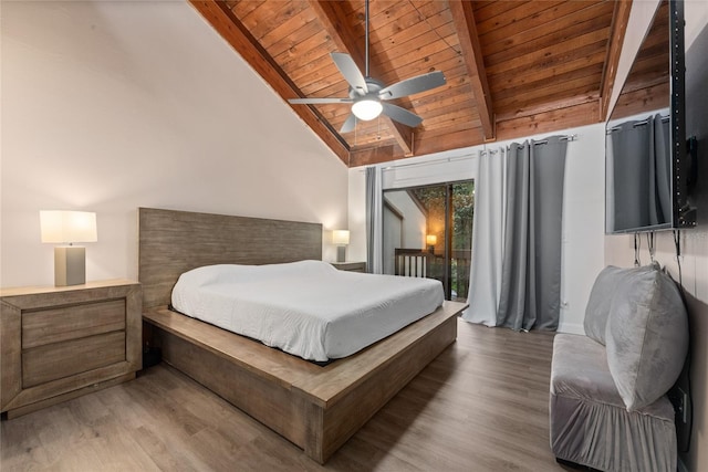 bedroom with wood-type flooring, access to outside, ceiling fan, beam ceiling, and wooden ceiling