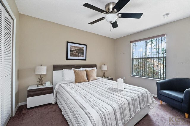 bedroom with ceiling fan, a closet, and multiple windows