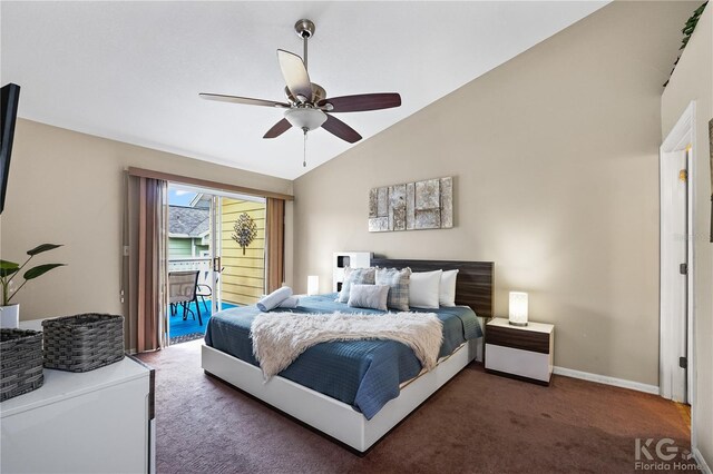 carpeted bedroom featuring lofted ceiling, ceiling fan, and access to exterior