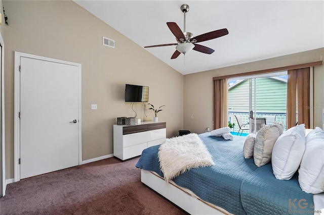 carpeted bedroom featuring high vaulted ceiling, ceiling fan, and access to exterior