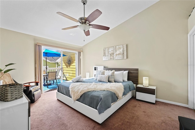 bedroom featuring ceiling fan, access to outside, vaulted ceiling, and carpet floors