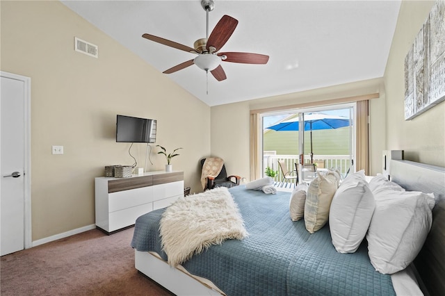 bedroom with access to outside, ceiling fan, vaulted ceiling, and carpet flooring