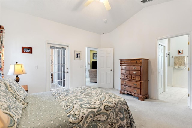 carpeted bedroom featuring lofted ceiling and ceiling fan