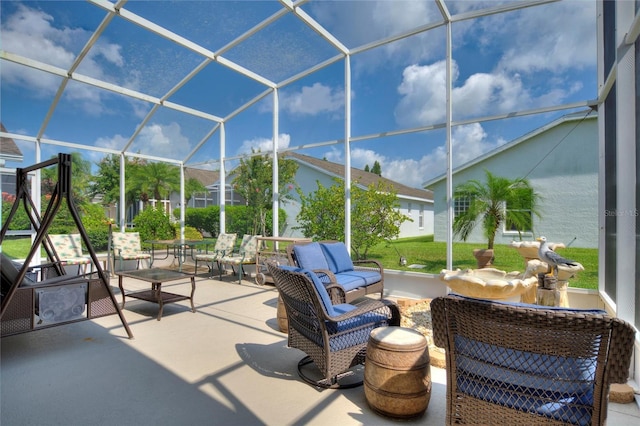 view of patio featuring a lanai and an outdoor hangout area