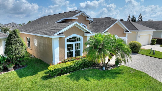 view of side of property with a garage and a lawn