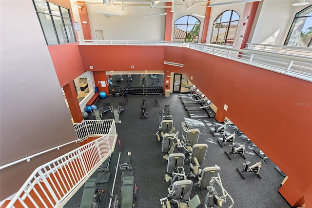 workout area with a towering ceiling