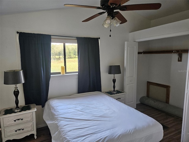 bedroom with lofted ceiling, ceiling fan, and dark hardwood / wood-style floors