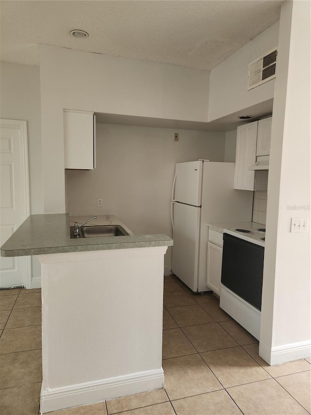 kitchen featuring white electric range oven, white cabinetry, sink, kitchen peninsula, and light tile patterned floors