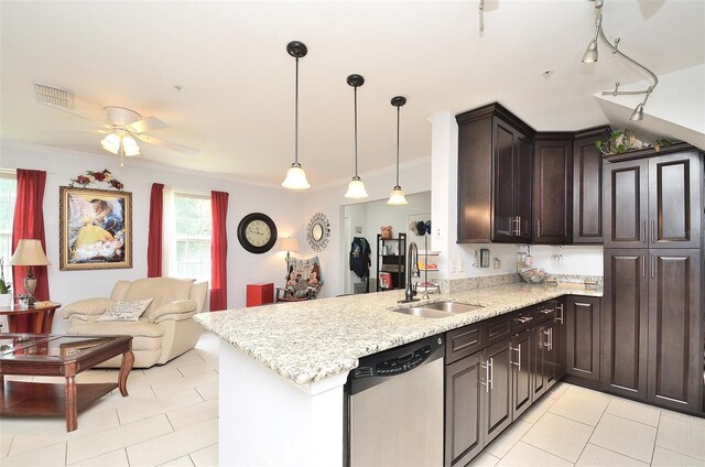 kitchen featuring dark brown cabinetry, a peninsula, a sink, visible vents, and dishwasher