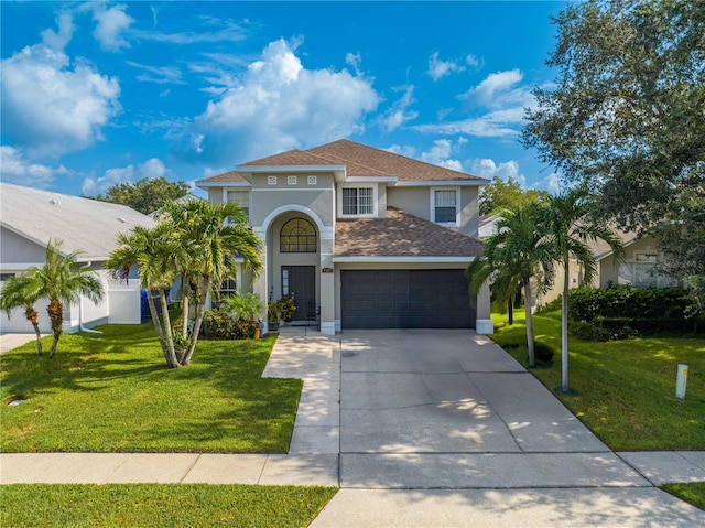 view of front of property featuring a front lawn and a garage