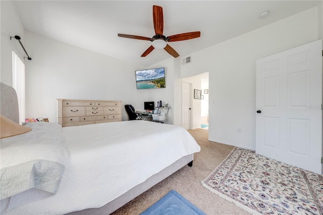 bedroom with ceiling fan and light colored carpet