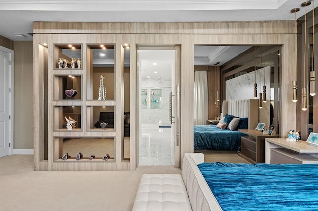 bedroom featuring ornamental molding and carpet flooring