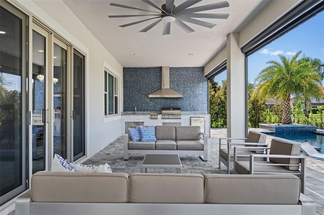 view of patio with a grill, area for grilling, pool water feature, an outdoor hangout area, and ceiling fan