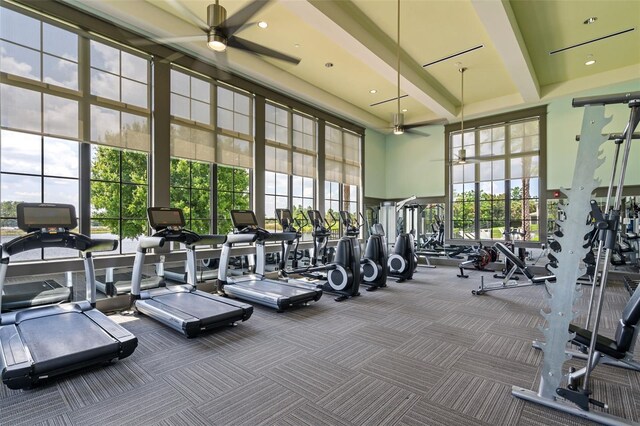 gym featuring ceiling fan, carpet flooring, and a high ceiling