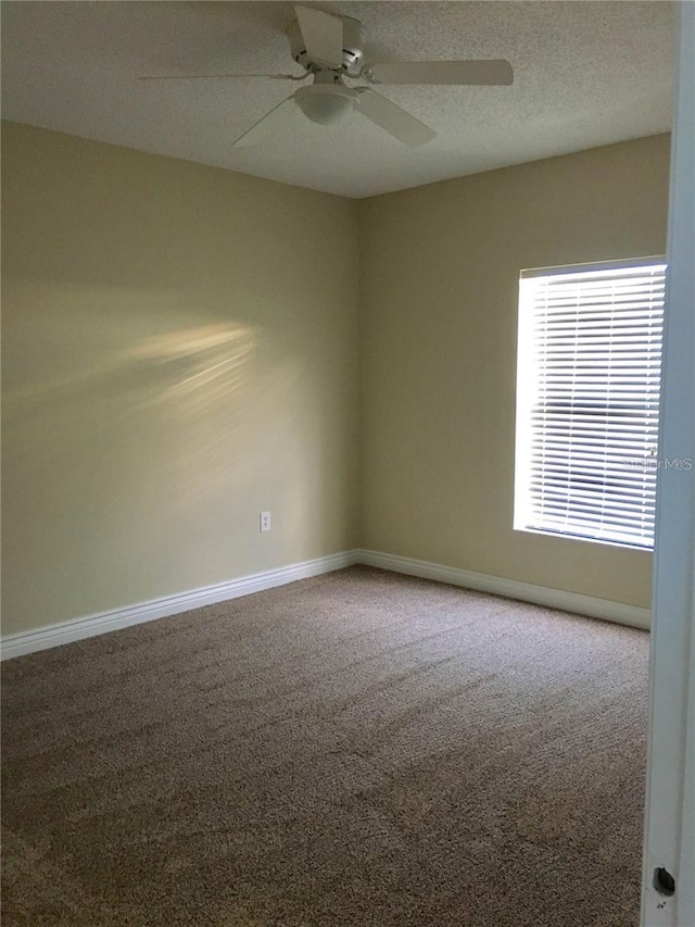 empty room featuring ceiling fan, carpet floors, and a textured ceiling