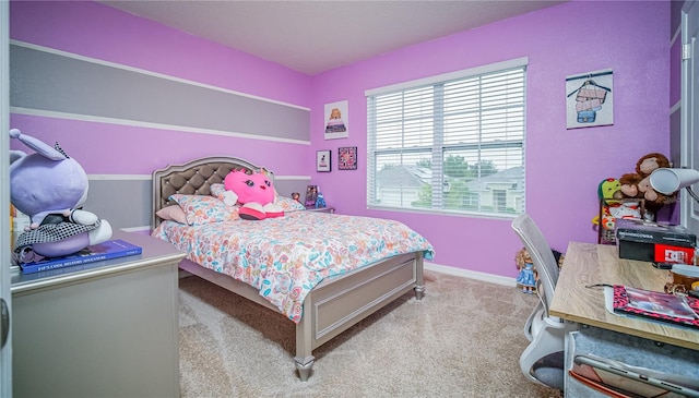 bedroom with light carpet