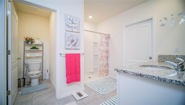 bathroom with a shower with curtain, tile patterned floors, vanity, and toilet