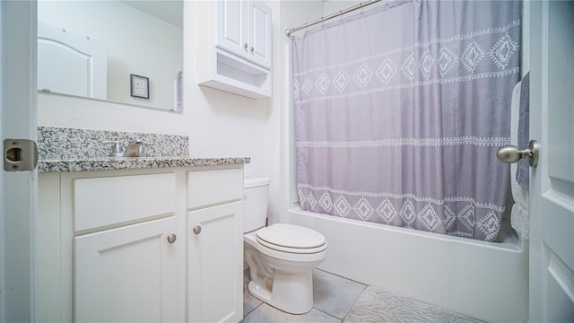full bathroom featuring toilet, tile patterned flooring, shower / bath combination with curtain, and vanity