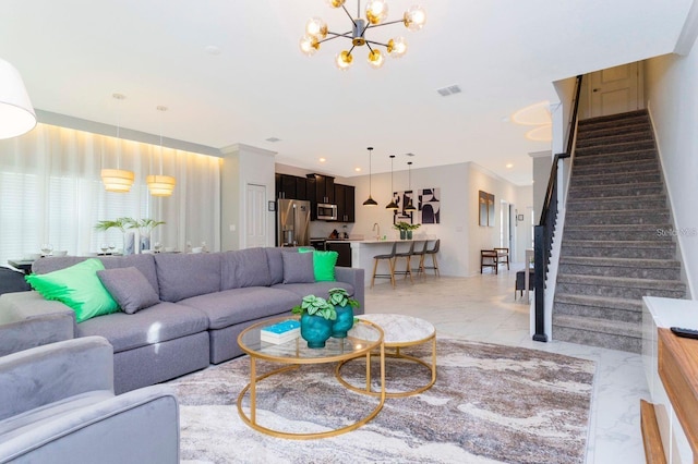 living room featuring an inviting chandelier