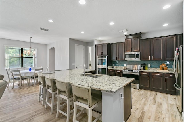 kitchen with light wood-style flooring, a sink, visible vents, appliances with stainless steel finishes, and tasteful backsplash