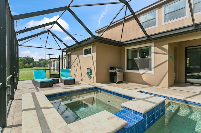 view of swimming pool with glass enclosure, a grill, and a patio area