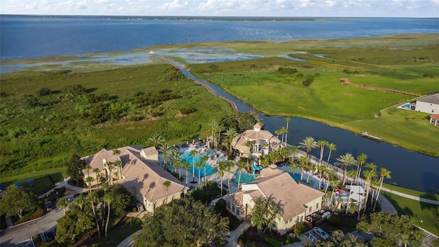 aerial view featuring a water view