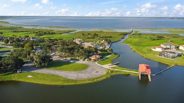 drone / aerial view with a water view