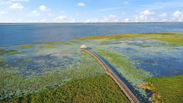 drone / aerial view featuring a water view