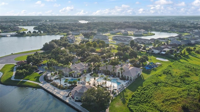 aerial view featuring a water view and a residential view